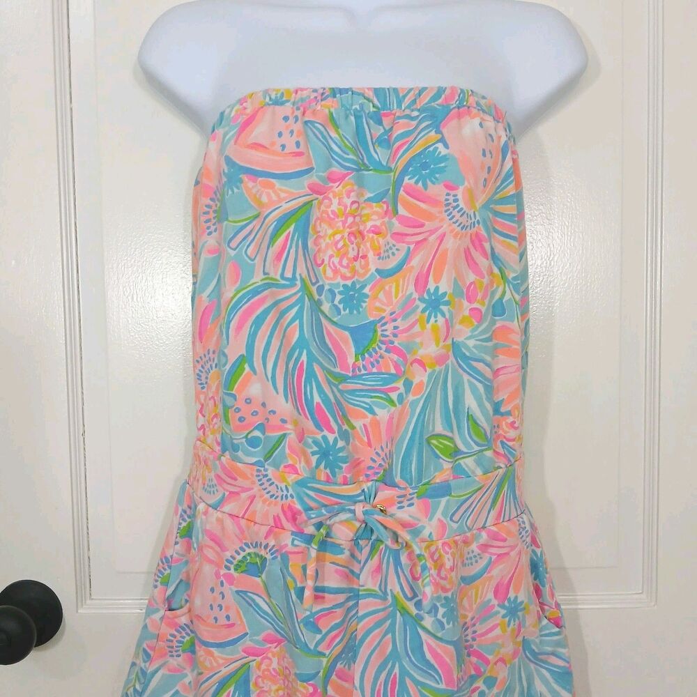 Lilly Pulitzer Jace Strapless Romper S Scalloped Hem Floral Pockets Beach Pool - Picture 4 of 15